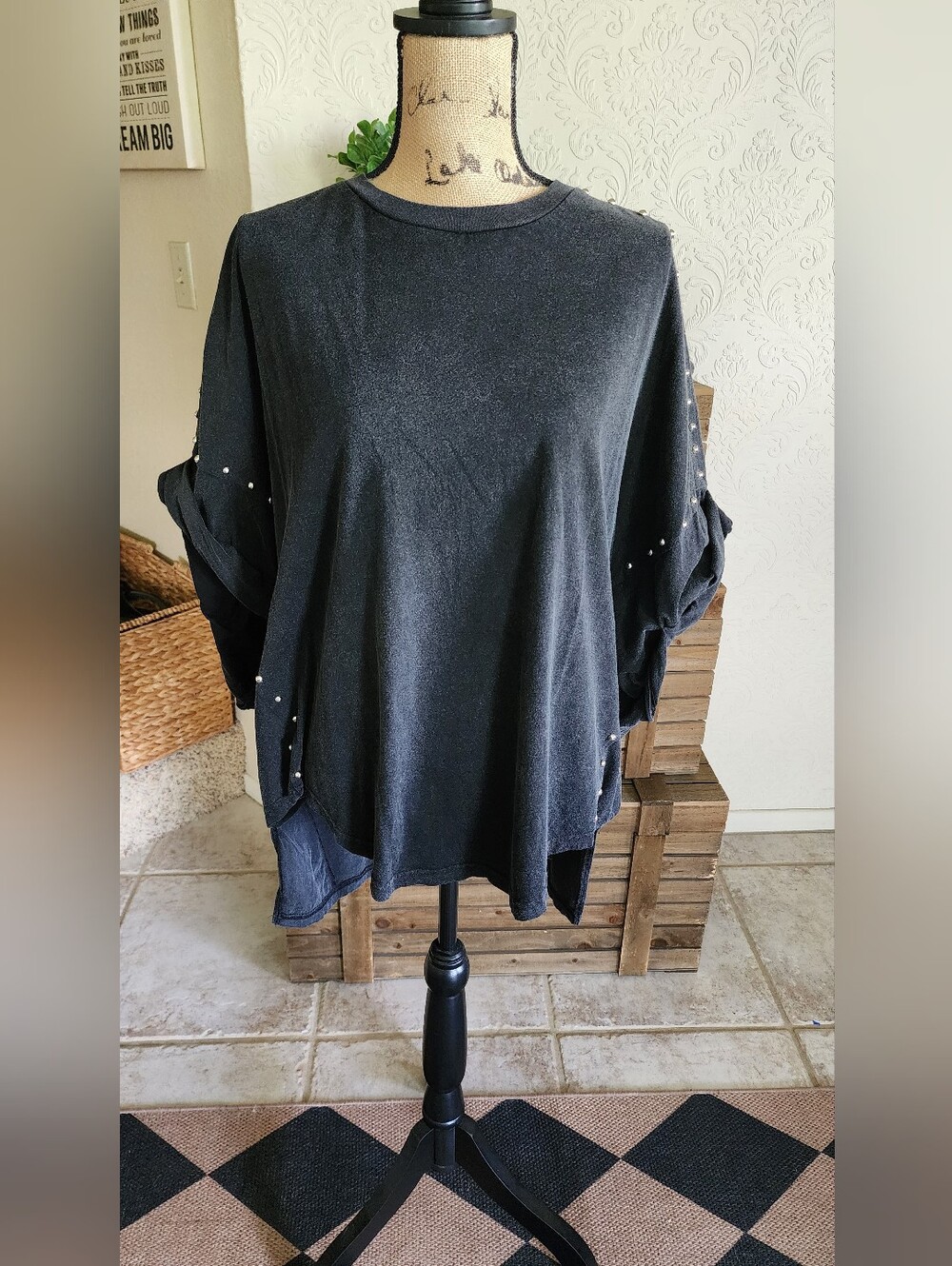 Black Silver Studded Womens Tunic Top with Rolled Sleeves